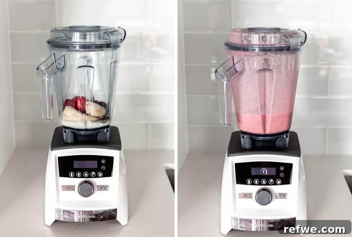 a before and after of a chia seed smoothie blended, showing the ingredients then the smooth blended result