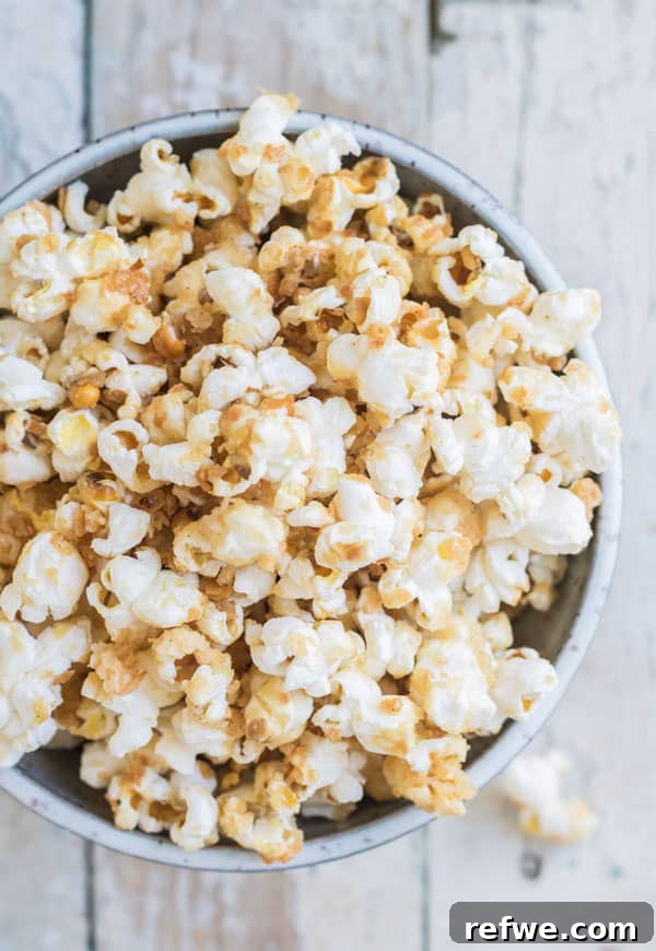 Toasted Coconut Salted Caramel Popcorn 3 Close-up of freshly made Salted Caramel Coconut Popcorn