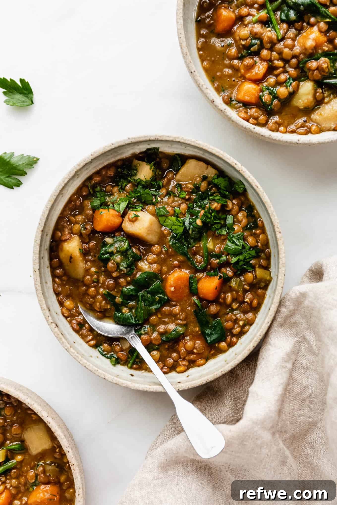 Nourishing Plant-Based Lentil Stew 2 bowls of lentil stew on a white counter, garnished with fresh herbs