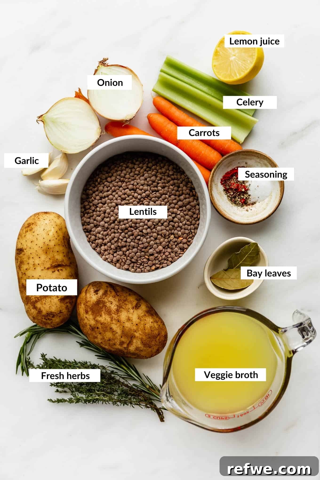 Nourishing Plant-Based Lentil Stew 3 a flat lay of ingredients for lentil stew, including chopped vegetables, spices, and lentils