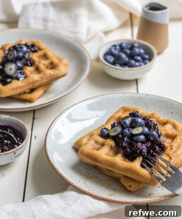 Stack of golden-brown cornbread waffles topped with purple blueberry compote, close-up