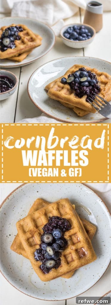Close-up of fluffy cornbread waffles with bubbling blueberry compote and a hint of lemon zest