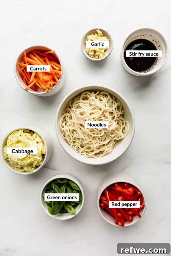 Plant-Based Vegetable Noodle Stir-Fry 3 A flat lay arrangement of fresh ingredients for vegan chow mein, including noodles, vegetables, and sauce components.