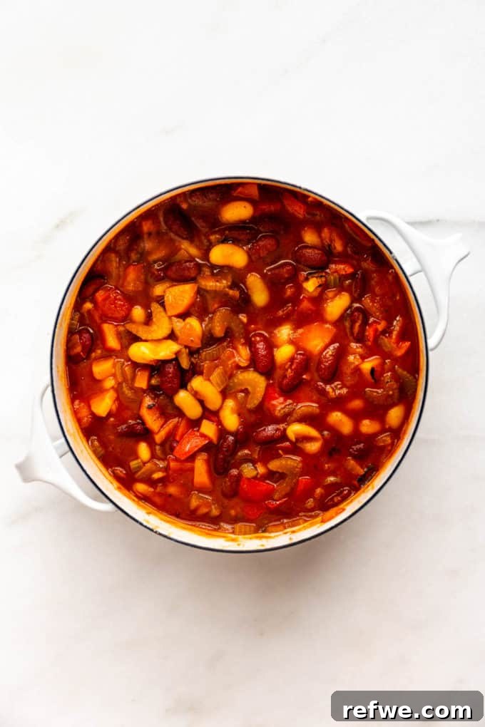 Irresistible Vegan Chili 8 bean chili in a white pot