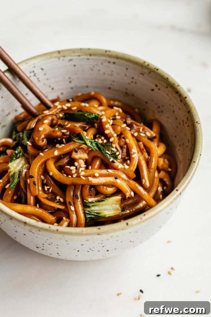 Fast and Simple Yaki Udon Stir Fry 10 A close-up of Yaki Udon served in a rustic ceramic bowl with wooden chopsticks, highlighting the inviting texture of the noodles and vibrant colors of the vegetables within the savory sauce.