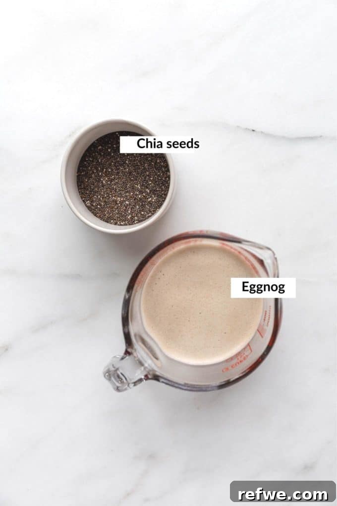 Festive Eggnog Chia Pudding 3 ingredients to make eggnog chia pudding laid out on a table