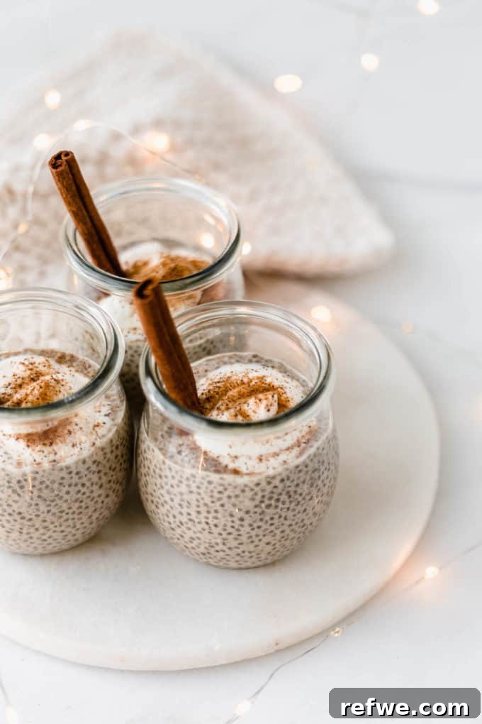 Festive Eggnog Chia Pudding 9 Eggnog chia pudding with twinkle Christmas lights in the background, enhancing the festive mood