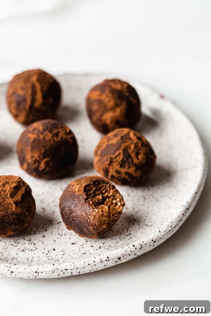 Holiday Gingerbread Dough Bites 8 A selection of festive gingerbread truffles, some coated in cocoa powder, presented on a white speckled plate.
