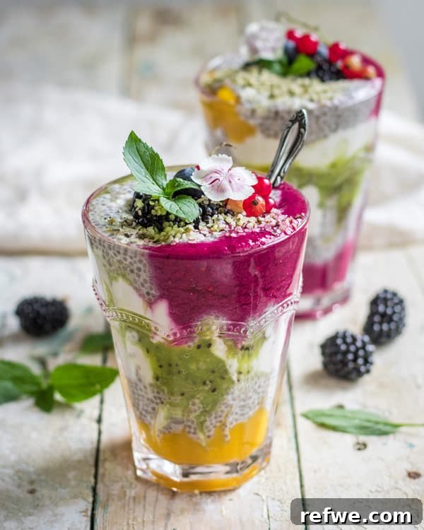 Layered chia pudding with colorful mixed fruit purees for a healthy breakfast