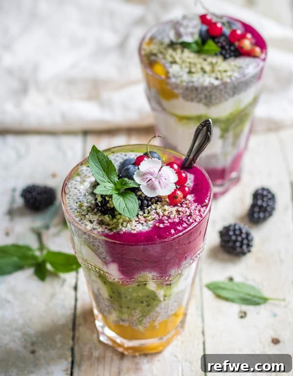 Finished layered chia pudding with fresh fruit garnish