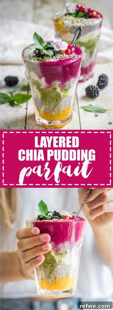 Overhead view of layered chia pudding in a glass jar with fresh fruit