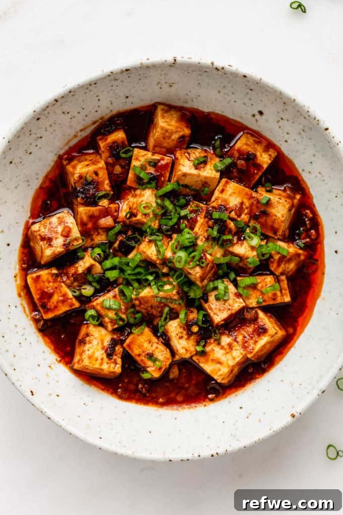 A beautifully presented bowl of Vegetarian Mapo Tofu, garnished with fresh scallions, steaming hot and ready to be enjoyed.
