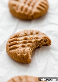 A vegan peanut butter cookie with a bite taken out of it, showcasing its delicious texture.