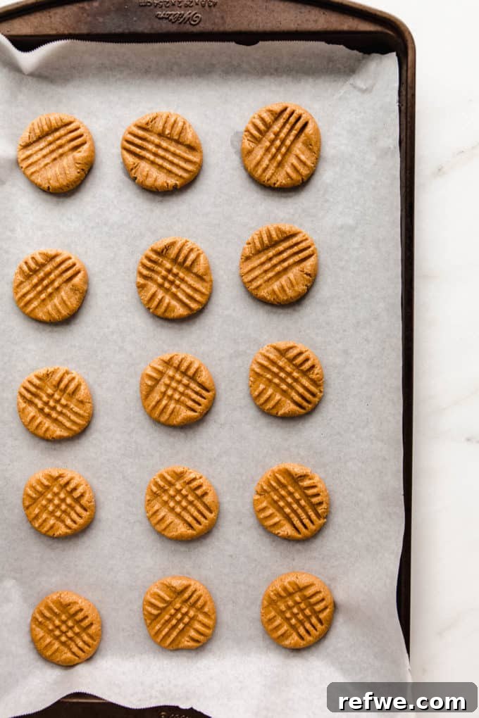 Irresistible Vegan Peanut Butter Treats 6 Unbaked vegan peanut butter cookies on a baking sheet, each with the classic crisscross fork pattern.