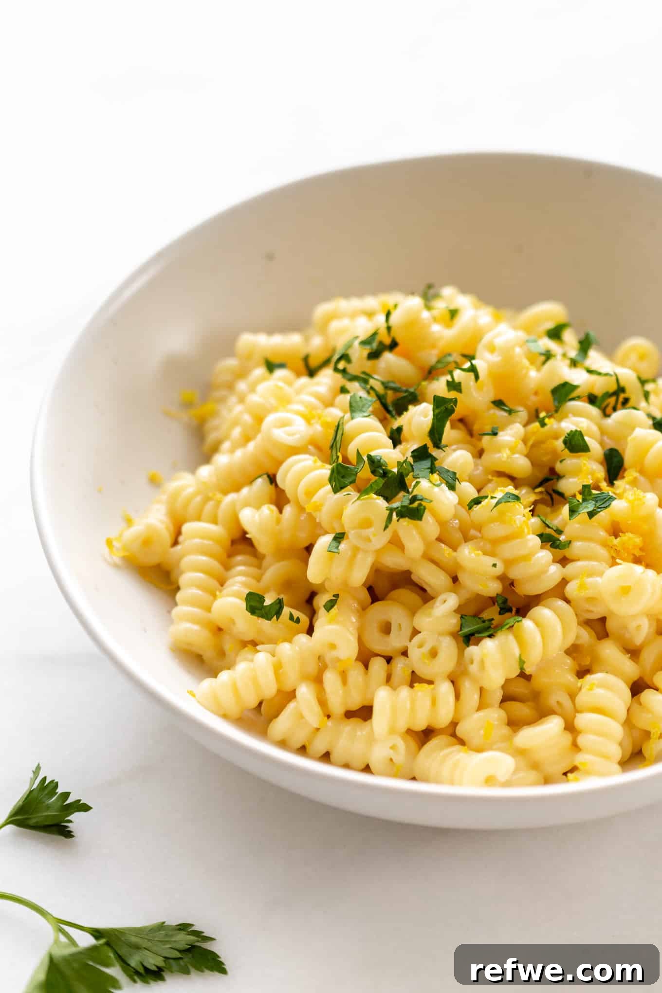 Zesty Lemon Garlic Pasta 11 A bowl of creamy lemon fusilli pasta topped with fresh parsley, showcased as the finished, delightful dish