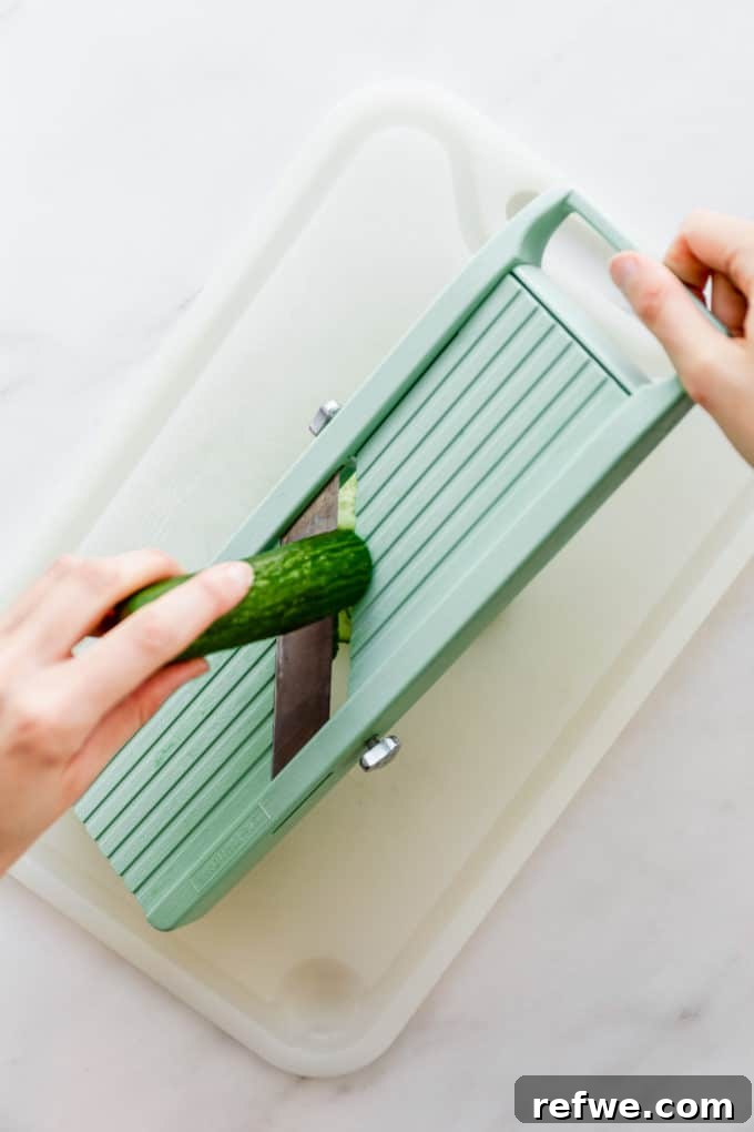 A hand expertly slicing a cucumber with a mandoline, demonstrating the technique for achieving uniformly thin slices.