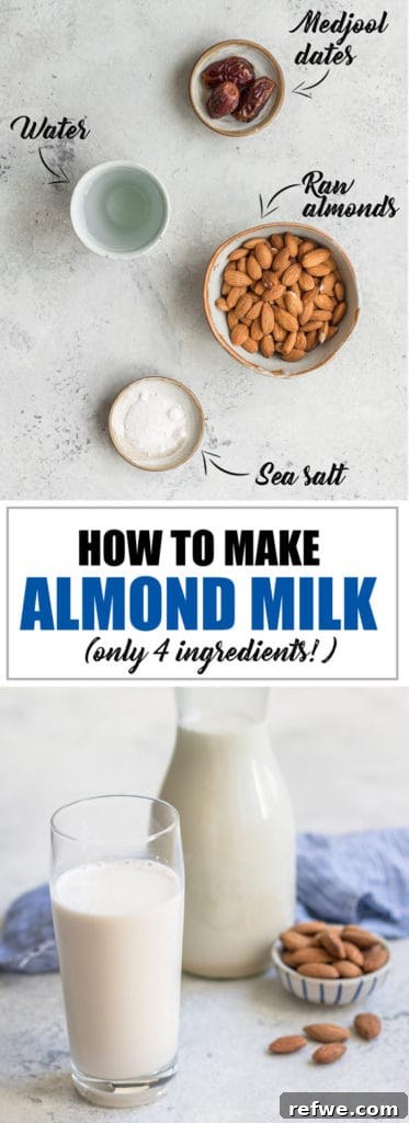DIY Almond Milk in a Glass Container Large glass jug of homemade almond milk ready to be served