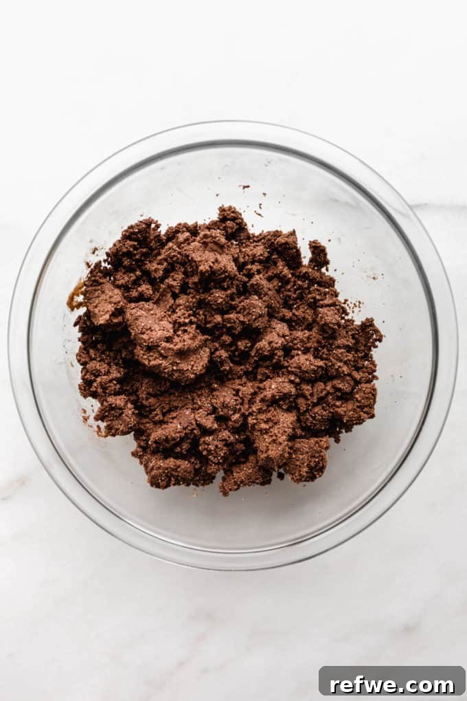 Effortless Fudgy Chocolate Protein Bars 7 The chocolate protein bar dough, perfectly mixed and ready to be pressed, showing its rich, uniform texture.