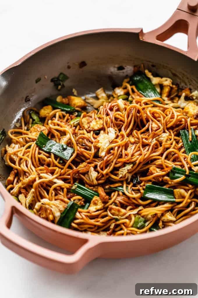 Indonesian Fried Noodles Mie Goreng 14 Stir-fried Mie Goreng noodles fresh out of the pan, glistening with sauce.
