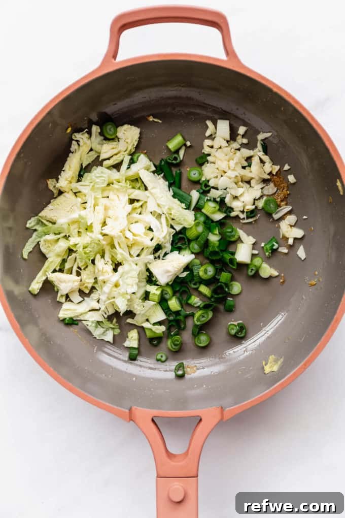 Indonesian Fried Noodles Mie Goreng 10 Cabbage, green onions, and garlic sizzling in a pink pan.