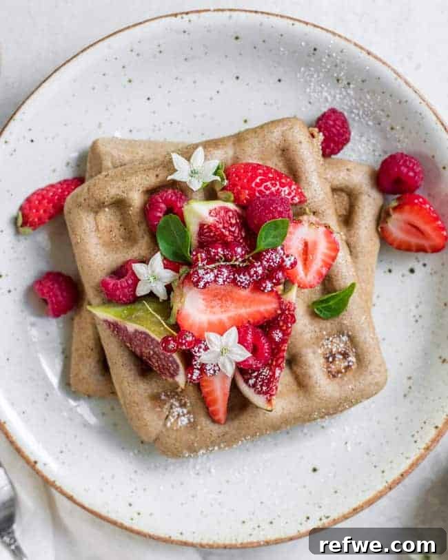 Fluffy vegan buckwheat waffles topped with fresh berries and powdered sugar, ready for a healthy breakfast.