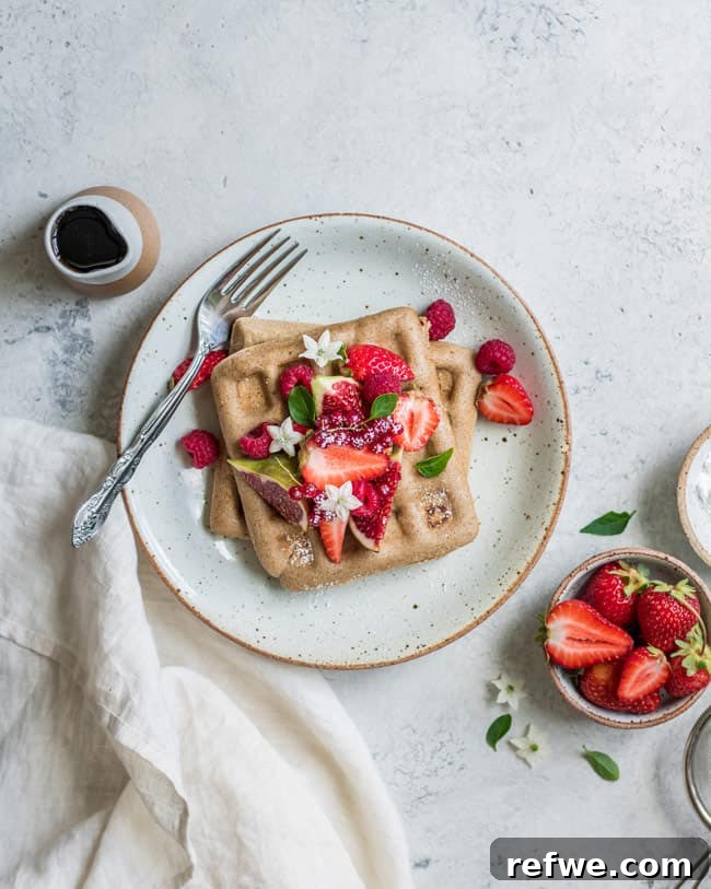 Close-up of crispy vegan buckwheat waffles with a generous serving of mixed berries and a delicate dusting of powdered sugar.