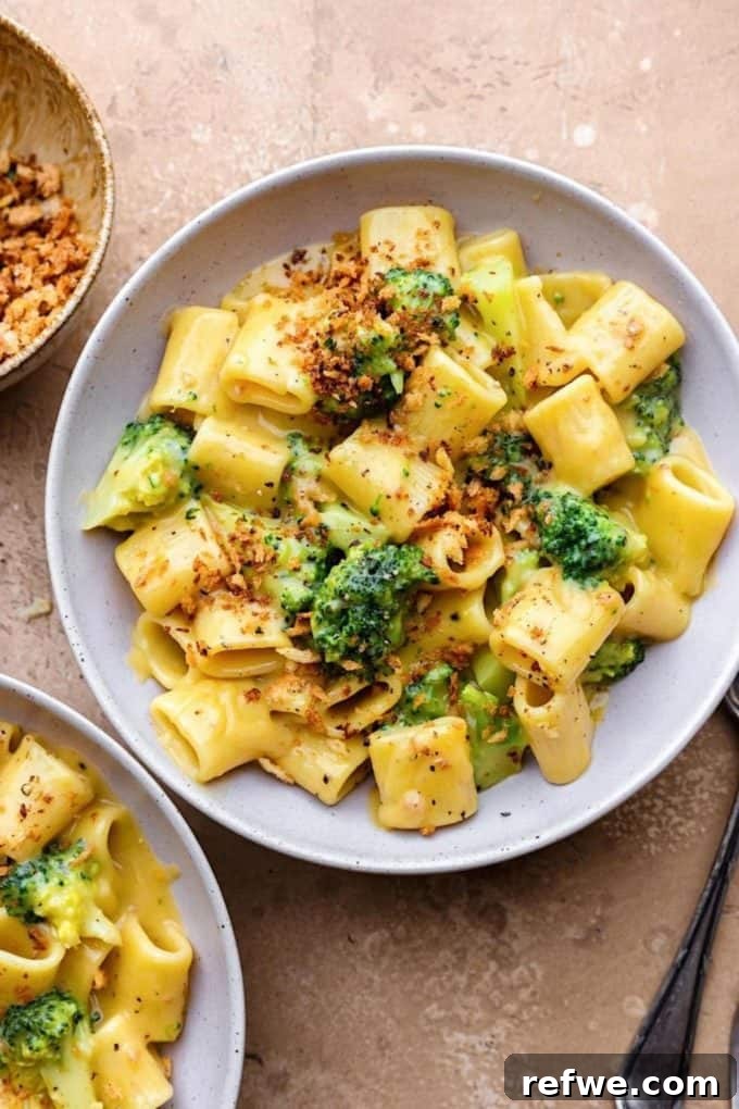 31 Irresistible Vegan Pasta Dishes 24 Pasta enveloped in a creamy, cheesy sauce with tender broccoli florets, served in a inviting bowl.