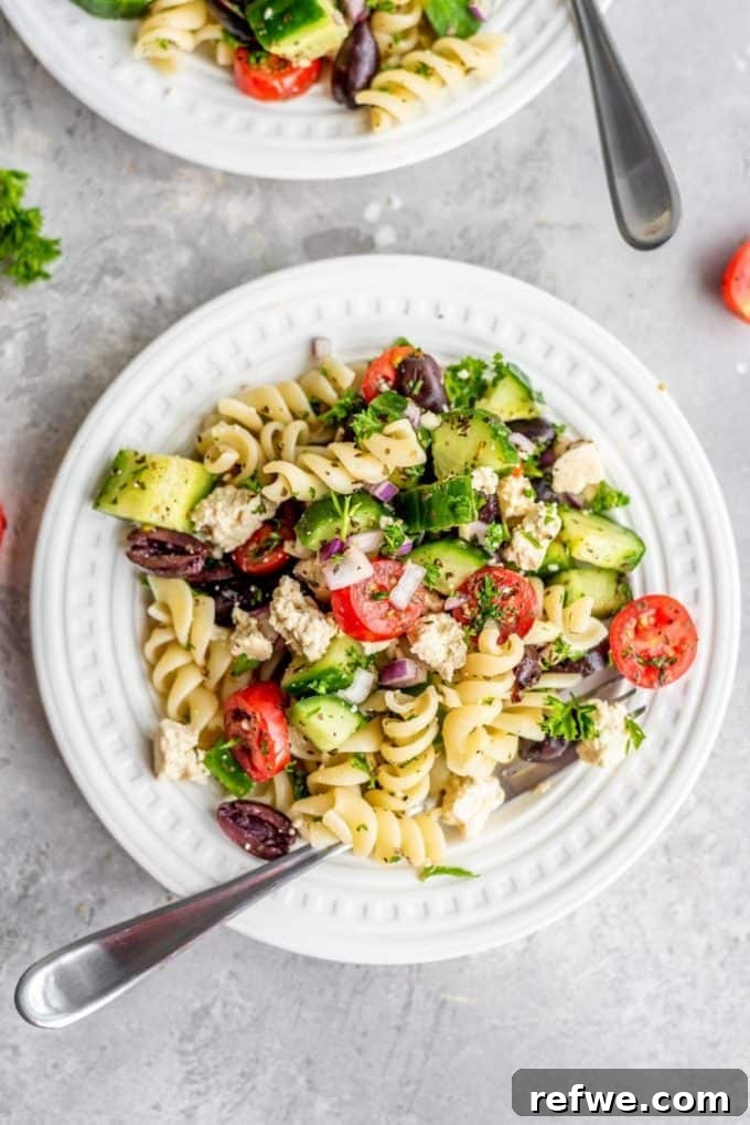 31 Irresistible Vegan Pasta Dishes 29 A refreshing Greek pasta salad, brimming with crisp cucumbers and juicy tomatoes.