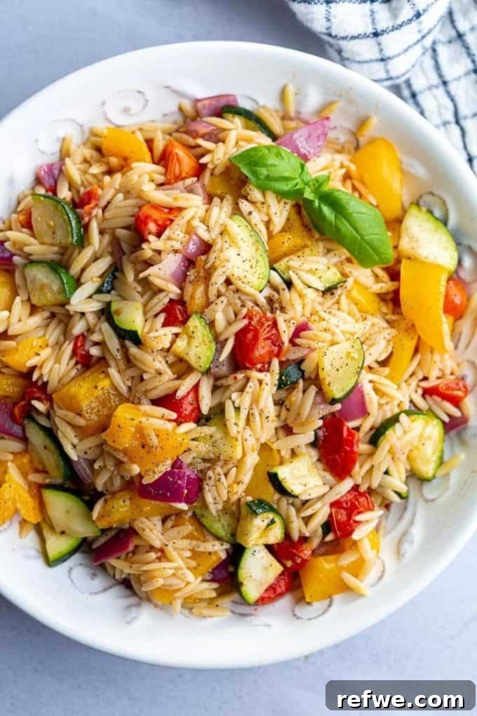 31 Irresistible Vegan Pasta Dishes 31 Orzo pasta beautifully mixed with an assortment of colorful roasted vegetables, served in a inviting bowl.