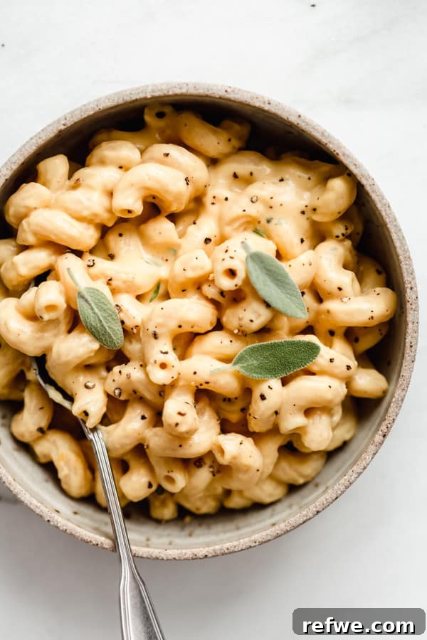 A beautifully presented ceramic bowl of butternut squash mac and cheese with a spoon, inviting you to take a bite.