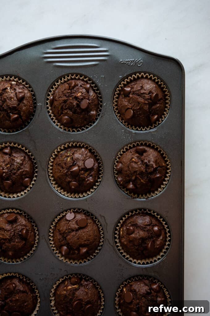 Wholesome Cocoa Zucchini Muffins 11 Freshly baked and golden brown chocolate zucchini muffins cooling in a muffin pan.