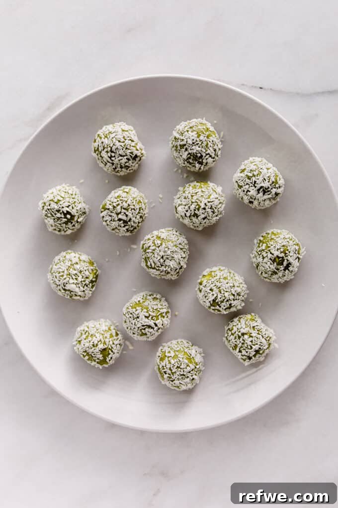 Zen Matcha Fuel Bites 8 finished matcha energy balls neatly arranged on a white plate, coated in coconut