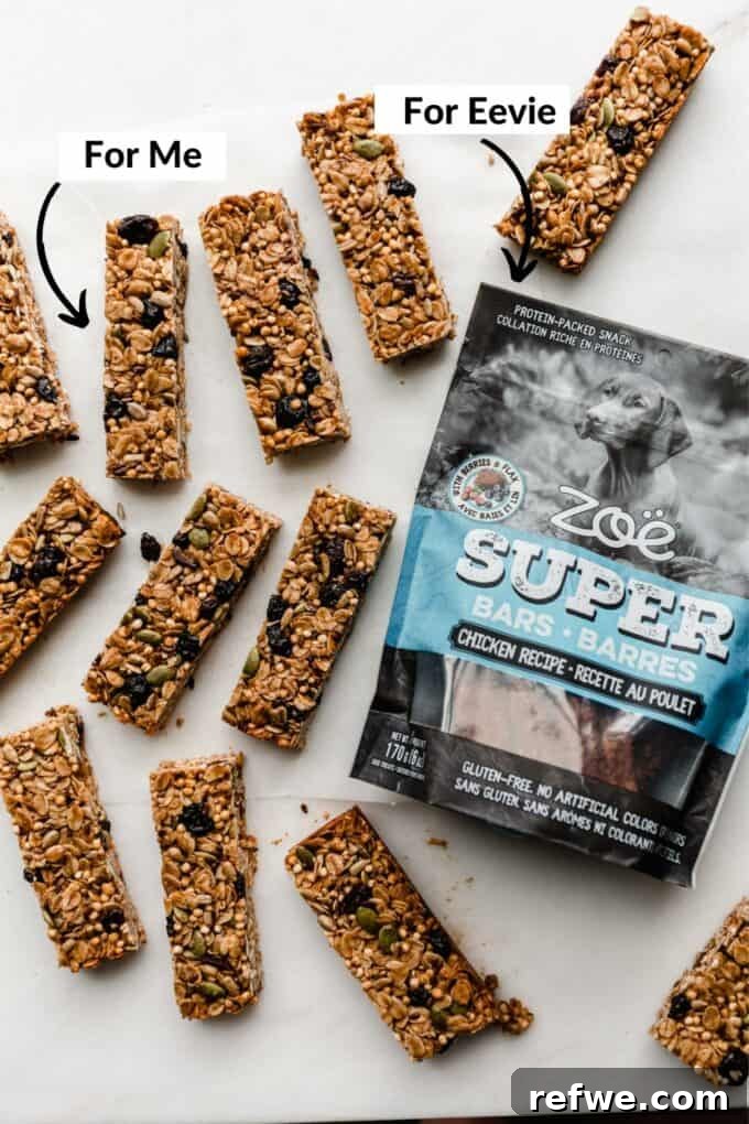 Nourishing Homemade Granola Bars 3 granola bars sliced next to a bag of Zoe super bars dog treats