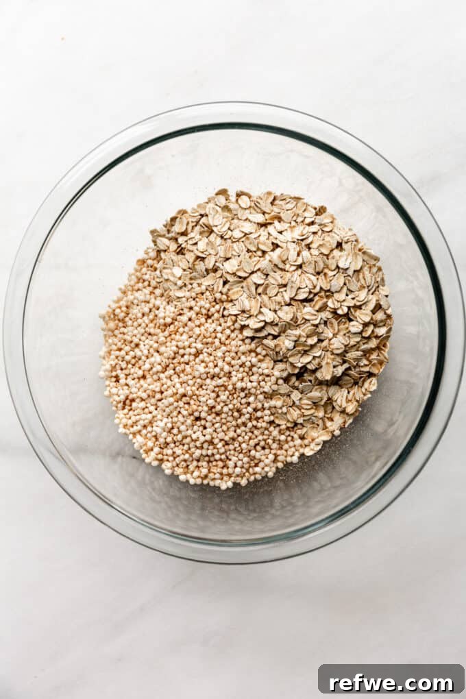 Nourishing Homemade Granola Bars 5 oats and puffed quinoa in a clear bowl