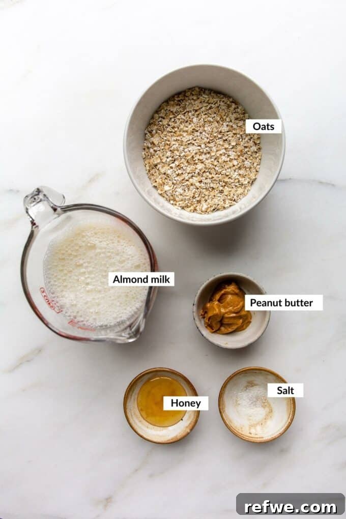 Nutty Oatmeal Delight 3 A flat lay photograph showcasing all the fresh ingredients needed for peanut butter oatmeal: oats, milk, water, peanut butter, honey, and a pinch of salt.
