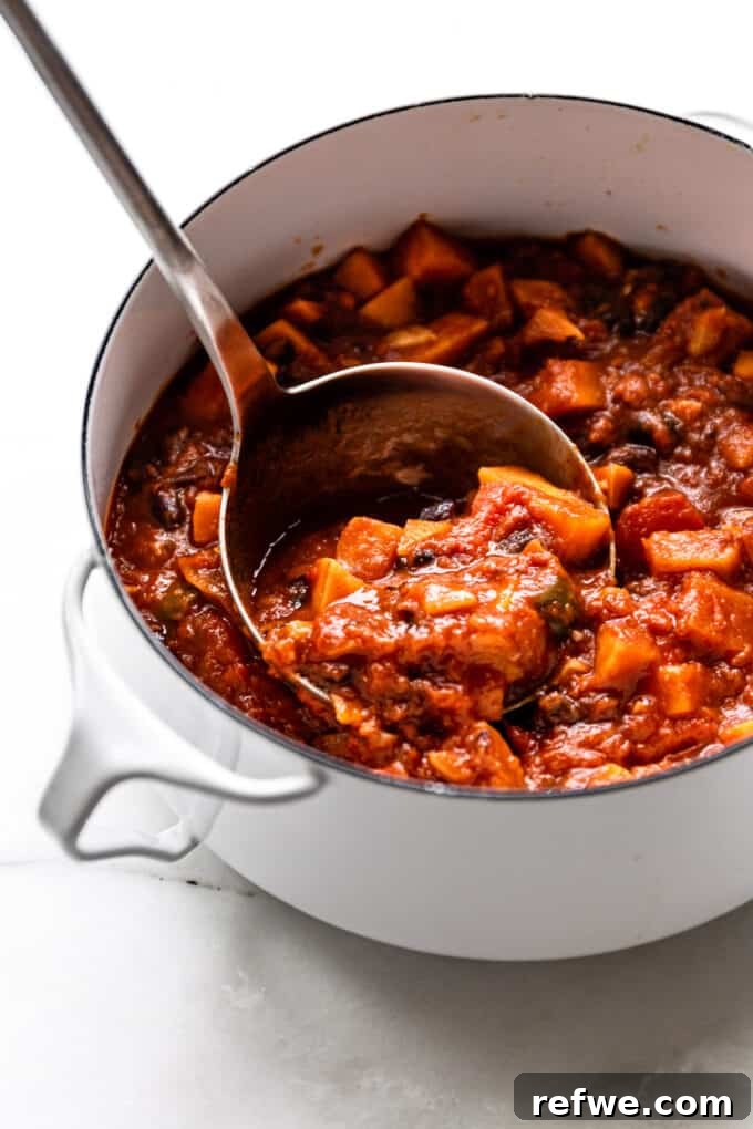 Hearty Sweet Potato Black Bean Chili 10 A ladle scooping a hearty portion of sweet potato chili from the pot.