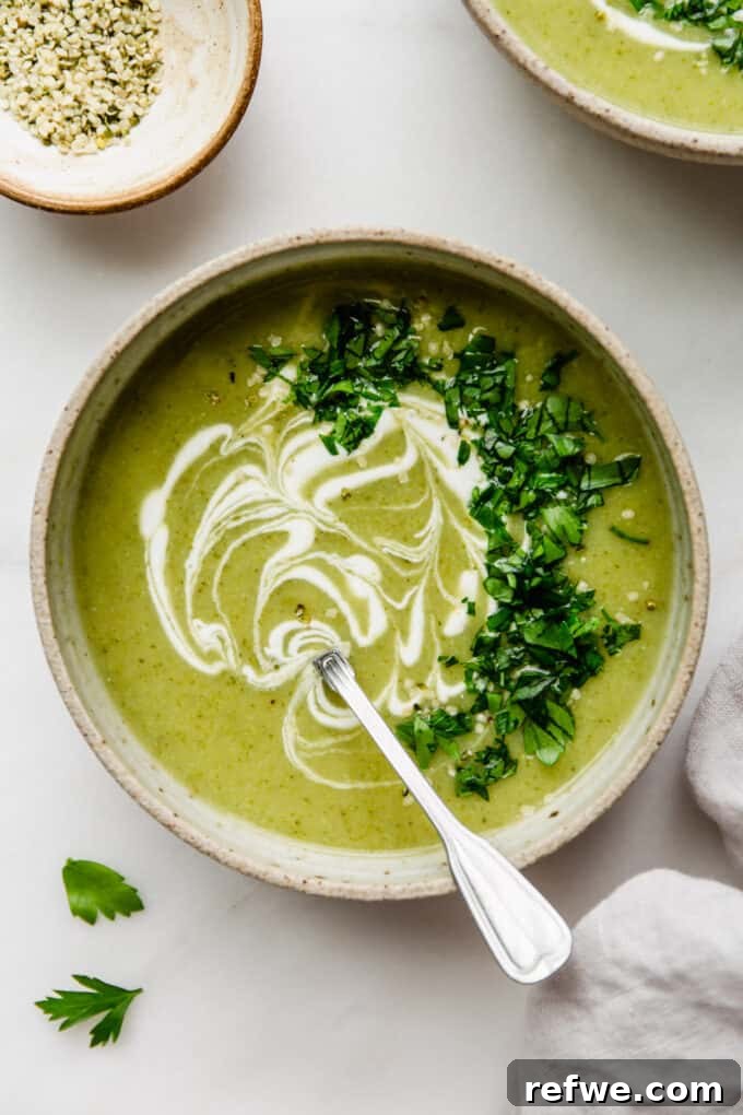 Wholesome Broccoli Potato Potage 2 Creamy broccoli potato soup in a bowl, garnished with a swirl of sour cream and fresh parsley