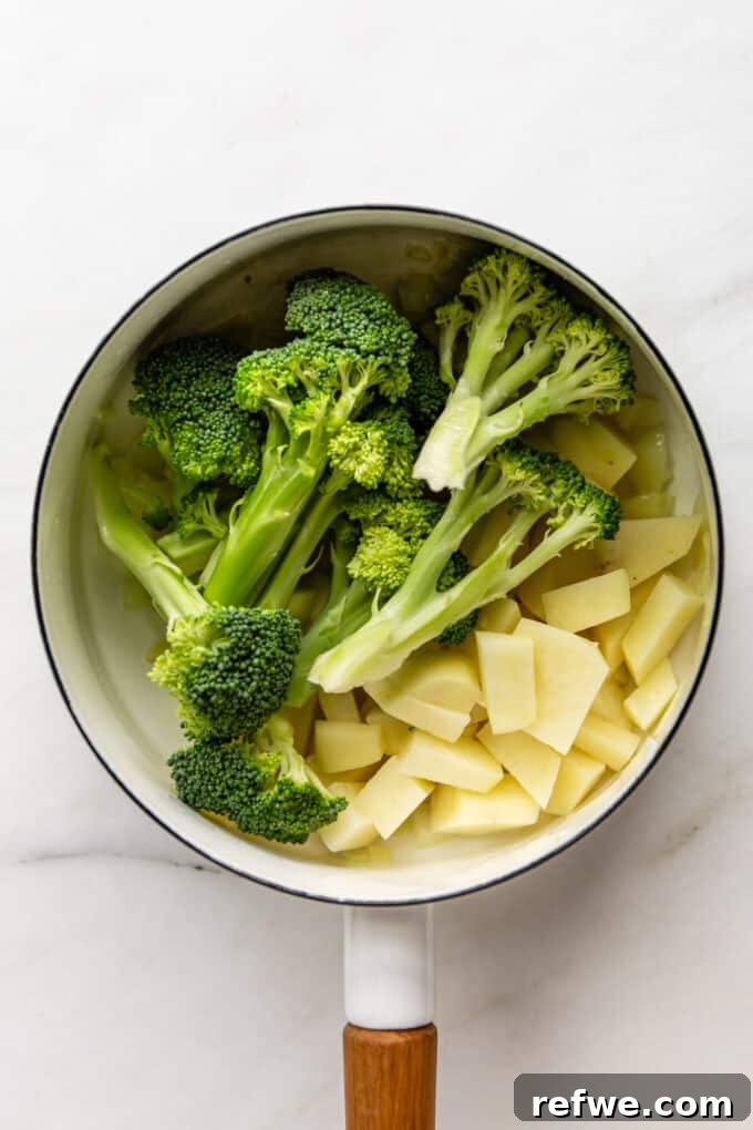 Wholesome Broccoli Potato Potage 5 Fresh broccoli florets and diced potatoes added to the pot with sautéed onions and garlic