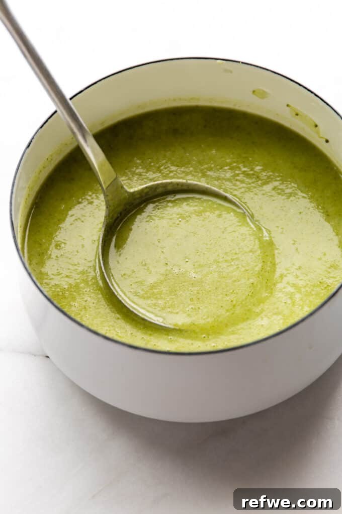 Wholesome Broccoli Potato Potage 9 A ladle scooping creamy, vibrant green broccoli potato soup from the pot