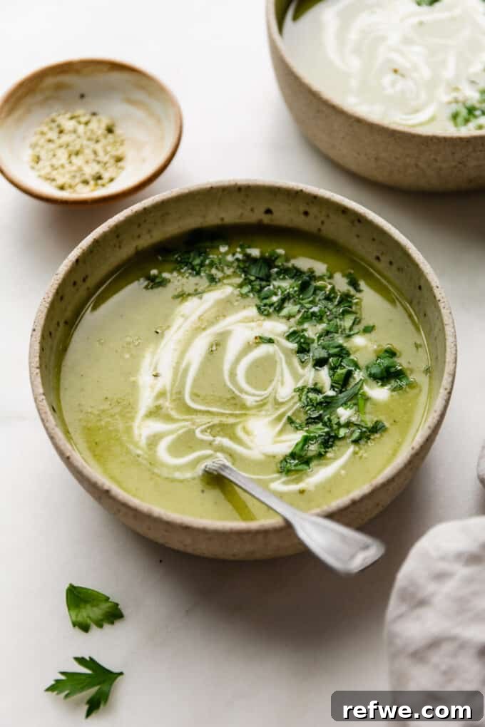 Wholesome Broccoli Potato Potage 10 Two bowls of vibrant green broccoli potato soup, one garnished with hemp seeds, alongside a small bowl of extra hemp seeds