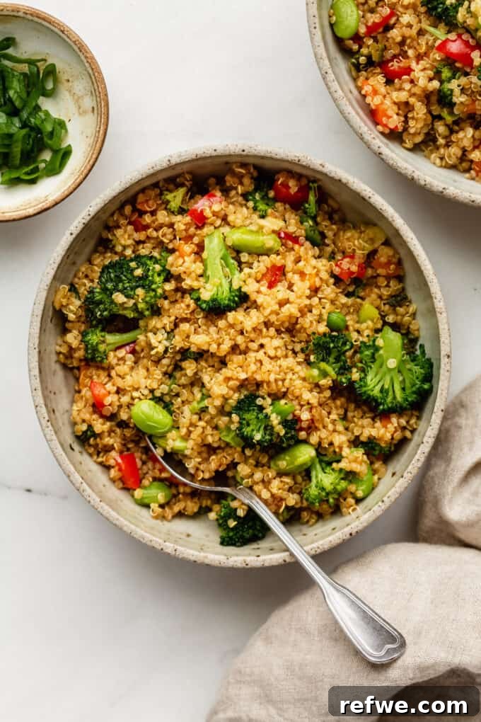 Wholesome Quinoa Stir-Fry 7 A close-up shot of Quinoa Fried Rice in a bowl, showing the vibrant vegetables and fluffy quinoa grains.