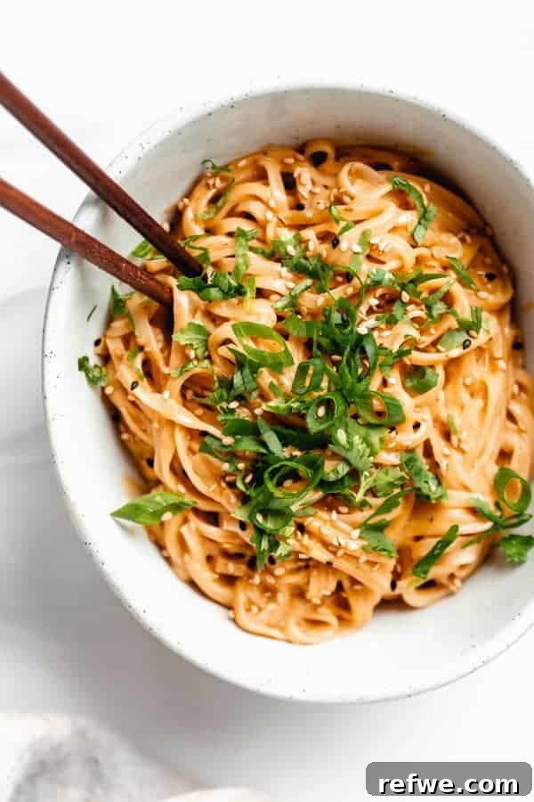 Spicy Thai Red Curry Noodles 2 A bowl of vibrant Thai Red Curry Noodles topped with fresh green onions and cilantro