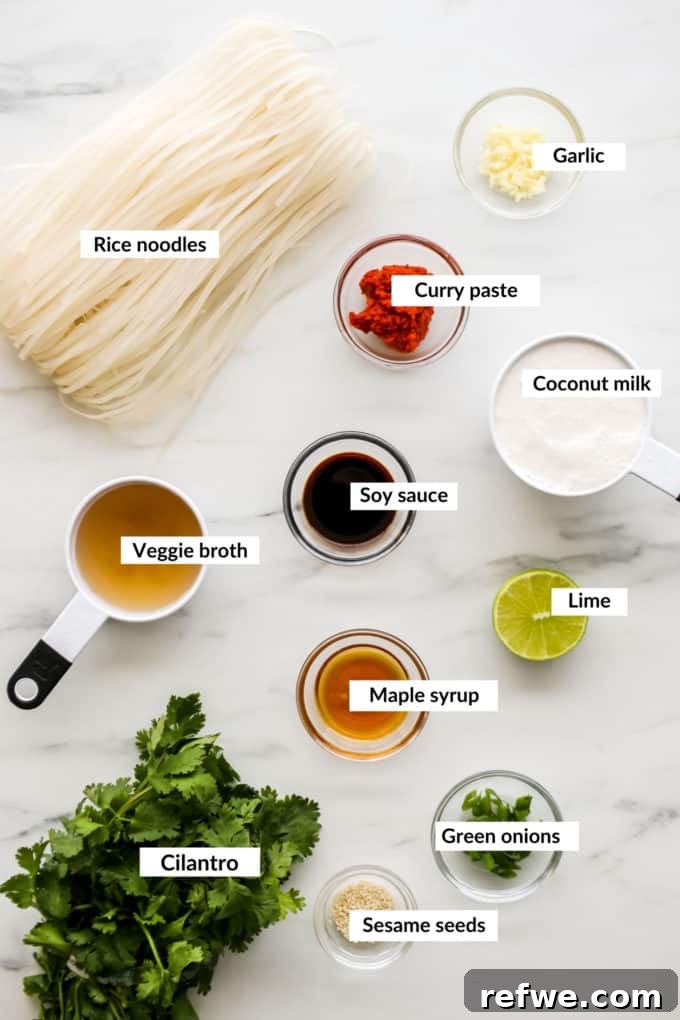 Spicy Thai Red Curry Noodles 3 A flat lay of fresh ingredients laid out for making Thai Red Curry Noodles including rice noodles, coconut milk, curry paste, and garnishes