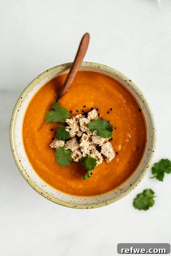 Hearty Spiced Sweet Potato, Lentil, and Carrot Soup 5 A vibrant bowl of orange soup, elegantly garnished with fresh cilantro, showcasing its appealing color and inviting freshness.