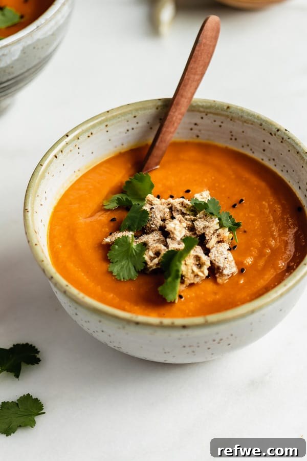 Hearty Spiced Sweet Potato, Lentil, and Carrot Soup 6 A close-up of a bowl of rich orange soup, generously topped with crumbled crispbreads and fresh cilantro, ready for a delicious meal.