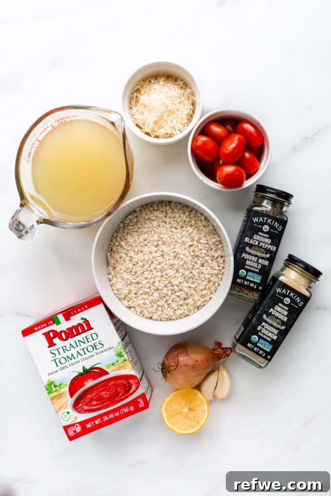 Romantic Tomato Risotto for Two 3 A selection of fresh ingredients for making homemade tomato risotto