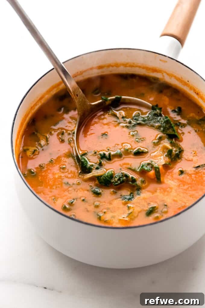 A ladle expertly scooping a hearty portion of white bean and kale soup from a large pot, steam rising.