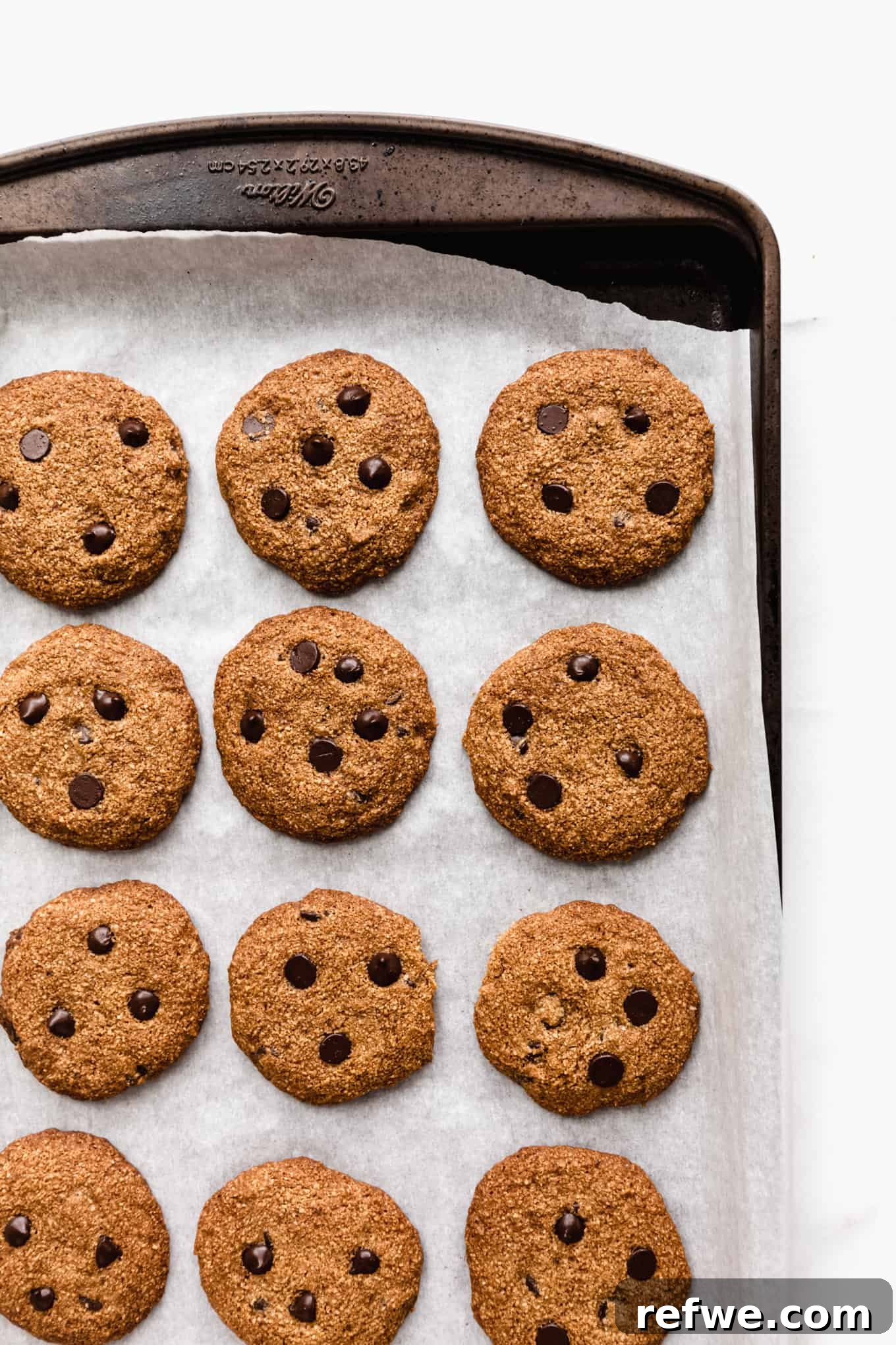 baked almond flour chocolate chip cookies cooling on a baking sheet, golden brown around the edges