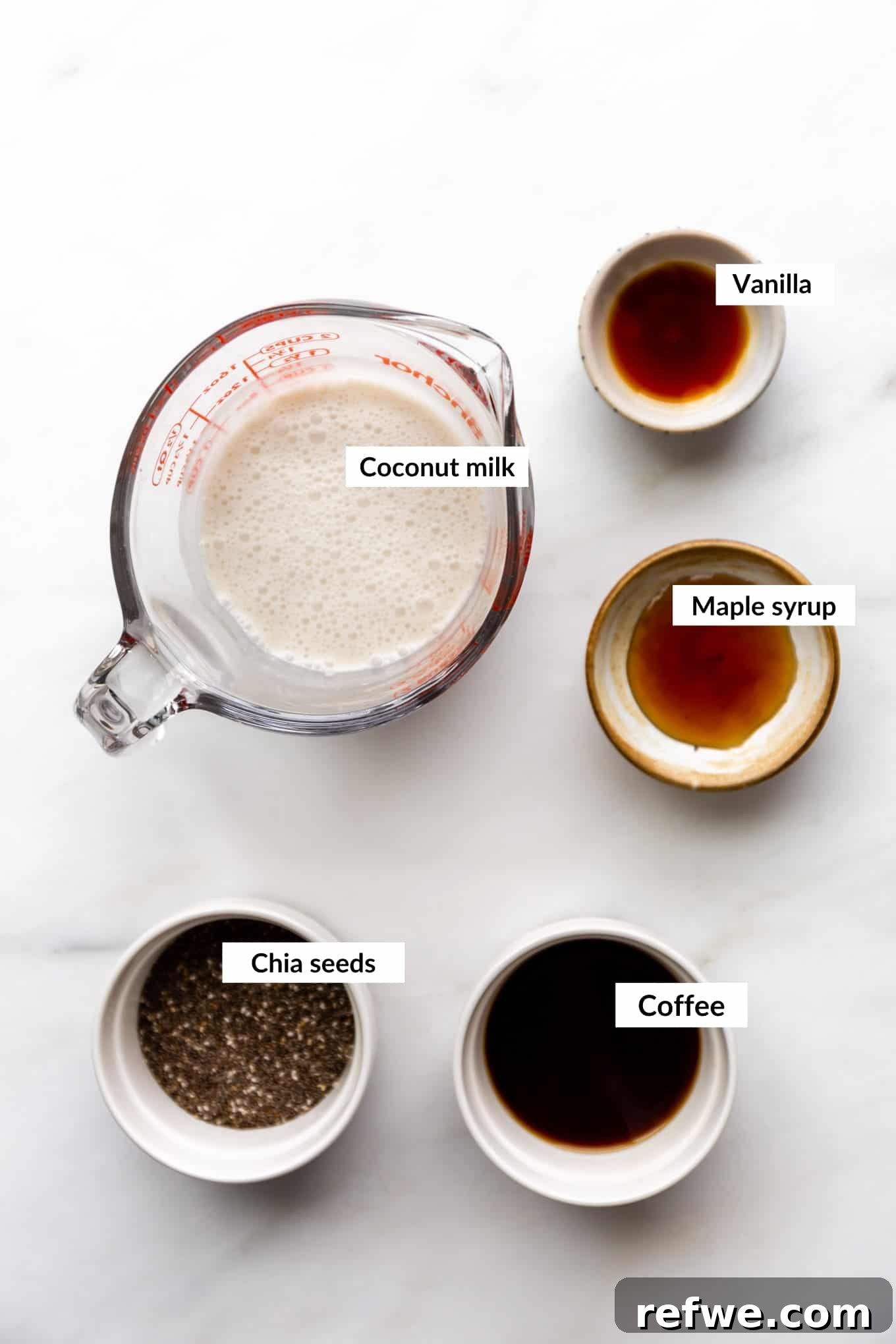 Decadent Coffee Chia Delight 3 A flat lay image showing the key ingredients for coffee chia pudding: chia seeds, coconut milk, coffee, maple syrup, and vanilla extract.