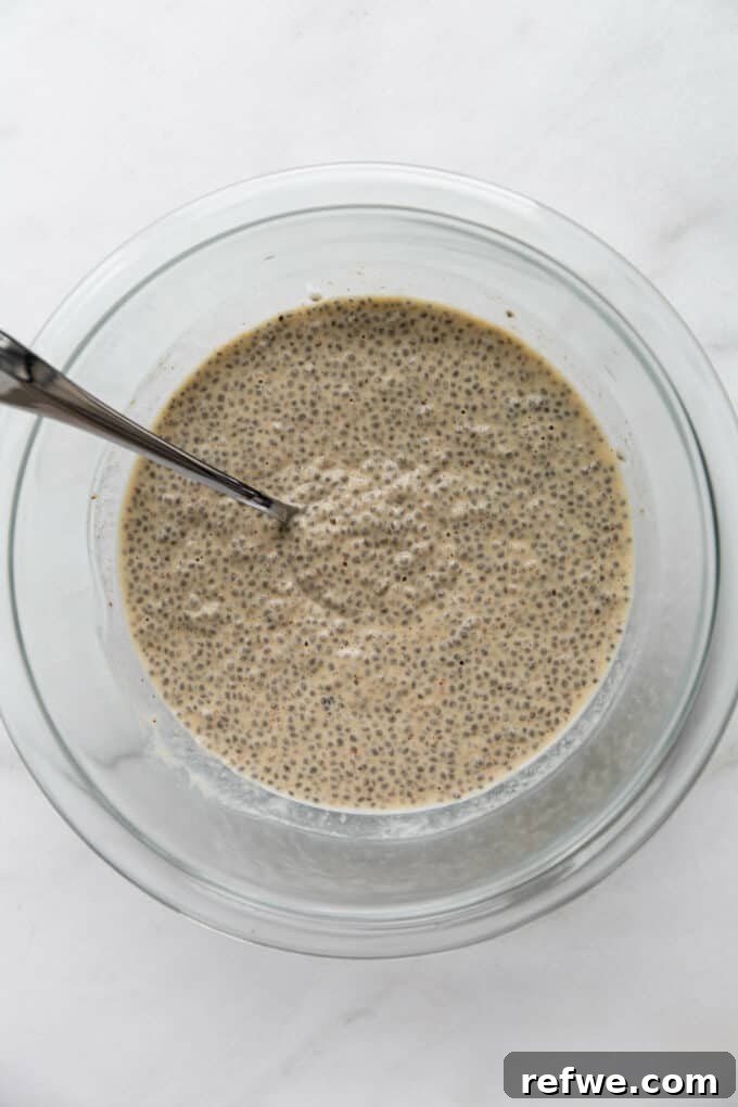 Decadent Coffee Chia Delight 6 A clear mixing bowl filled with perfectly set coffee chia pudding, showing its thick texture.